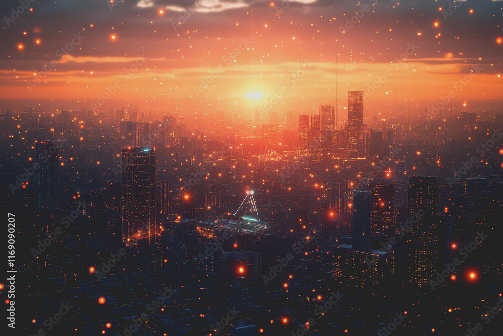 Fototapeta premium A modern city with a wireless network connection concept and cityscape. Technology concept.