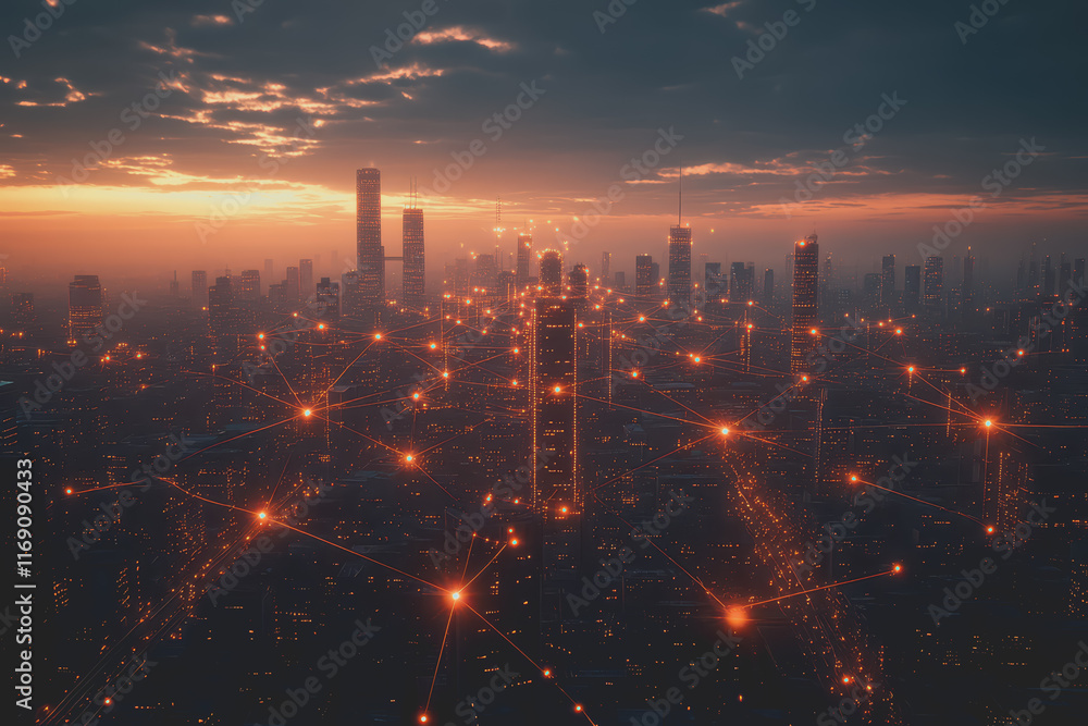 Fototapeta premium A modern city with a wireless network connection concept and cityscape. Technology concept.