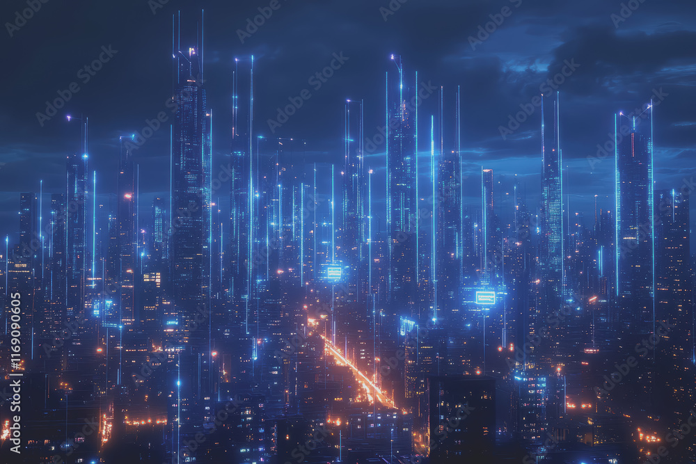 Fototapeta premium A modern city with a wireless network connection concept and cityscape. Technology concept.