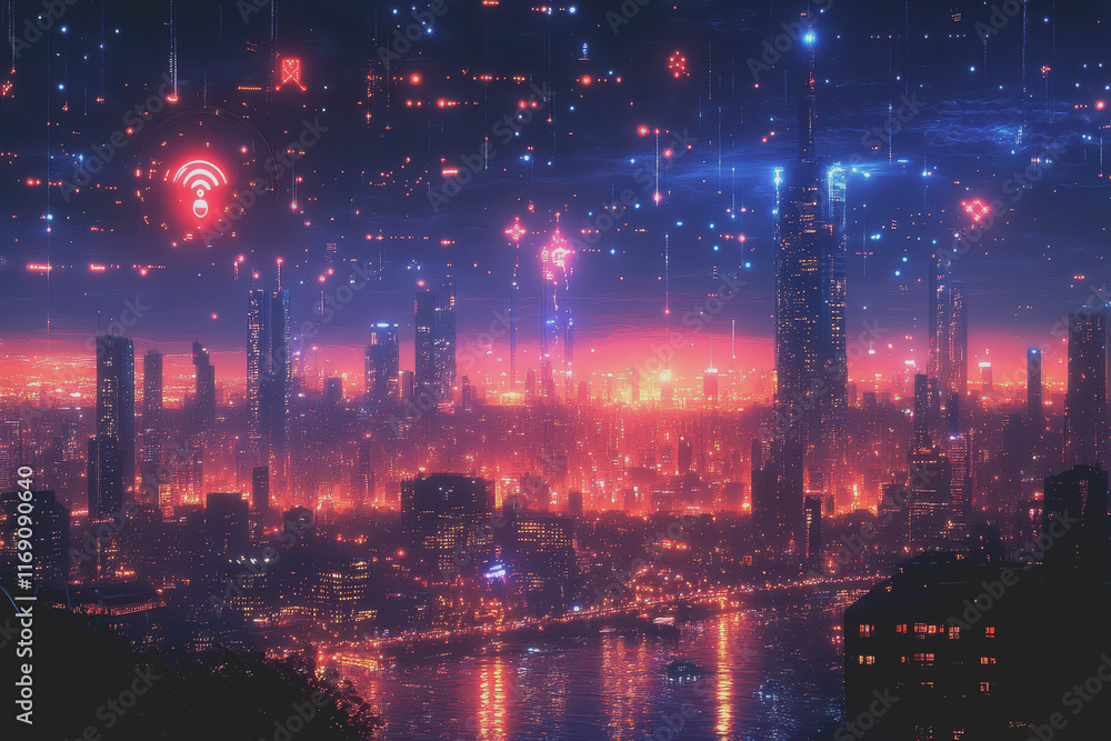 A modern city with a wireless network connection concept and cityscape. Technology concept. A modern city with a wireless network connection concept and cityscape. Technology concept.