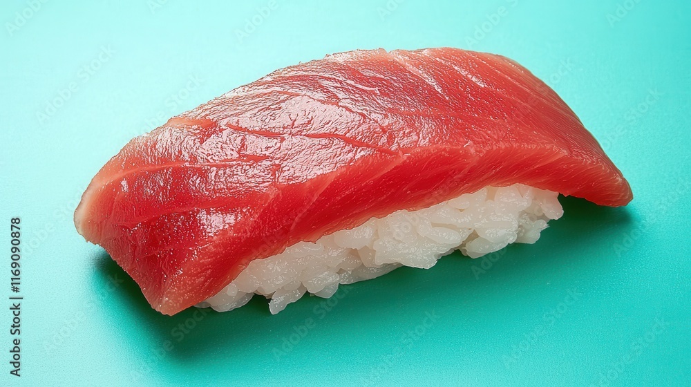 Food and travel combine adventure with gourmet experiences. Fresh sushi piece with vibrant tuna atop rice on a teal background. Food and travel combine adventure with gourmet experiences. Fresh sushi piece with vibrant tuna atop rice on a teal background.