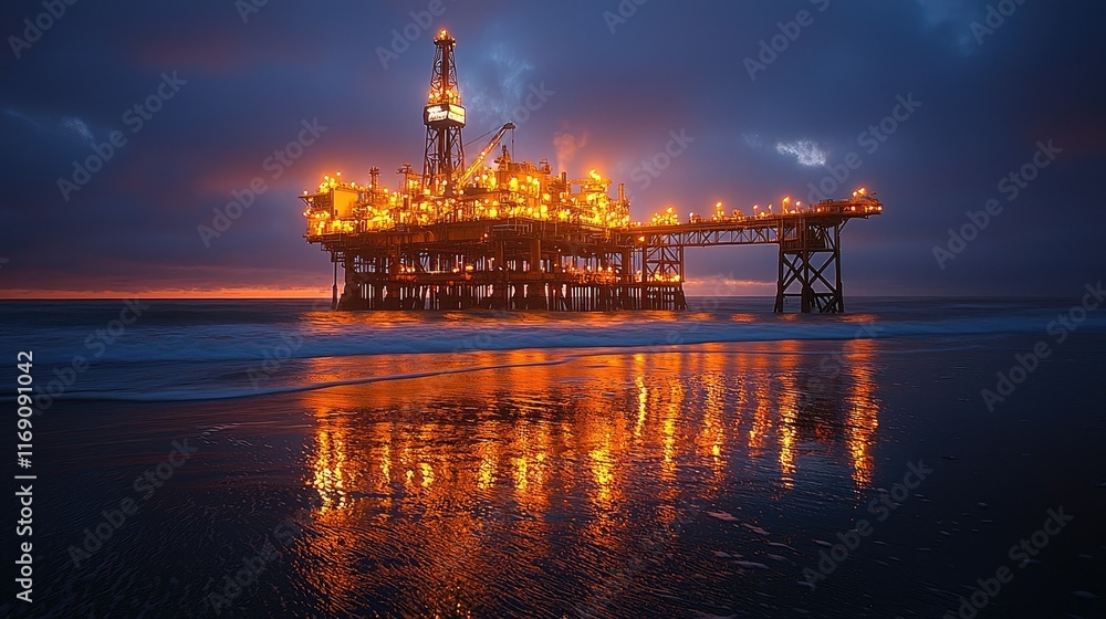 Illuminated offshore oil rig at sunset, reflecting on calm ocean. Illuminated offshore oil rig at sunset, reflecting on calm ocean.