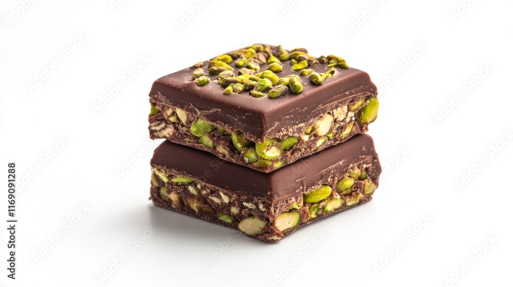 Obraz premium Indulge in the rich layers of chocolate and pistachio, showcasing a dessert that combines creamy sweetness with a crunchy texture. Perfect for a treat or special occasion