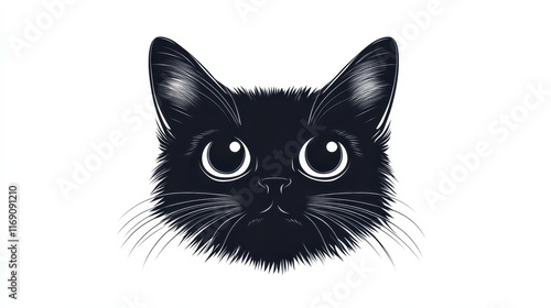 Stylized black and white cat logo featuring large expressive eyes and intricate fur details photo