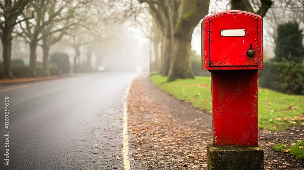 Historic red mailbox stands prominently on a British street, symbolizing timeless communication and cultural heritage. Historic red mailbox stands prominently on a British street, symbolizing timeless communication and cultural heritage.