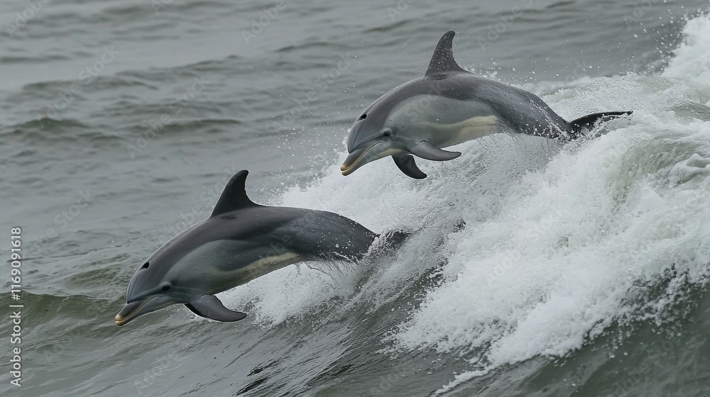 Obraz premium Two dolphins leap joyfully through white-capped waves near the shore, displaying their agility and playfulness in the ocean on a bright day