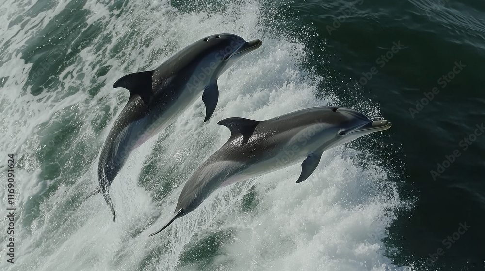 Naklejka premium Two dolphins are joyfully leaping above the water’s surface, creating splashes as they swim near the coast on a bright sunny day. The scene captures their playful spirit
