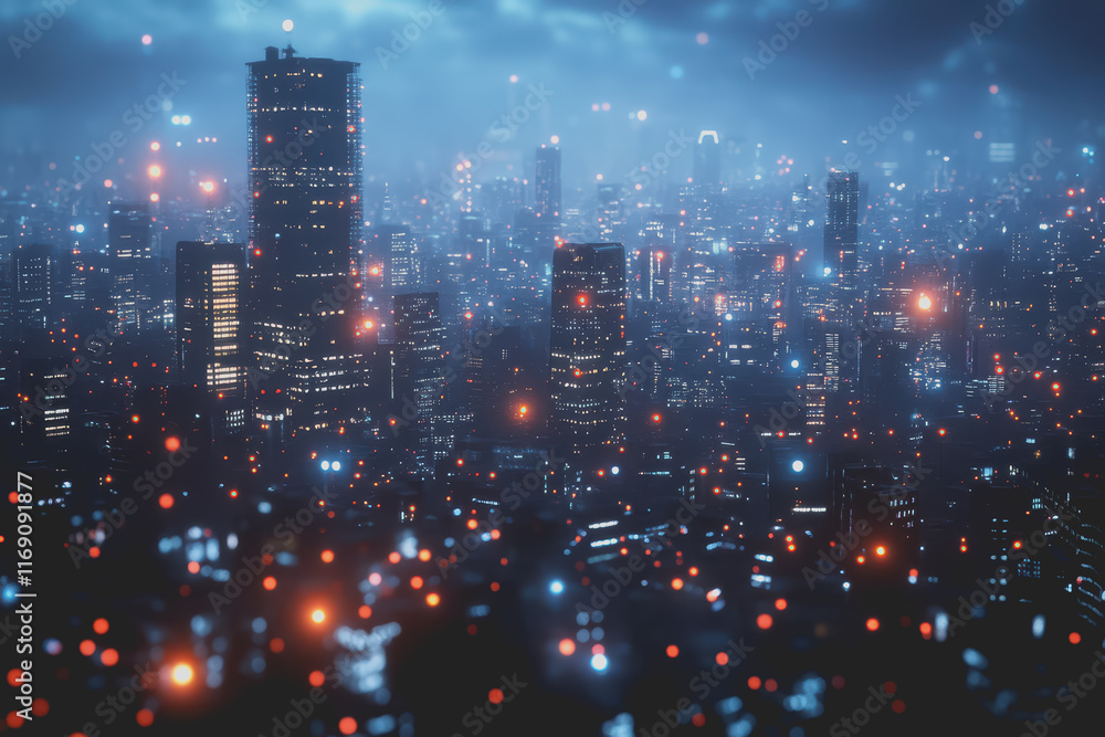 Fototapeta premium A modern city with a wireless network connection concept and cityscape. Technology concept.