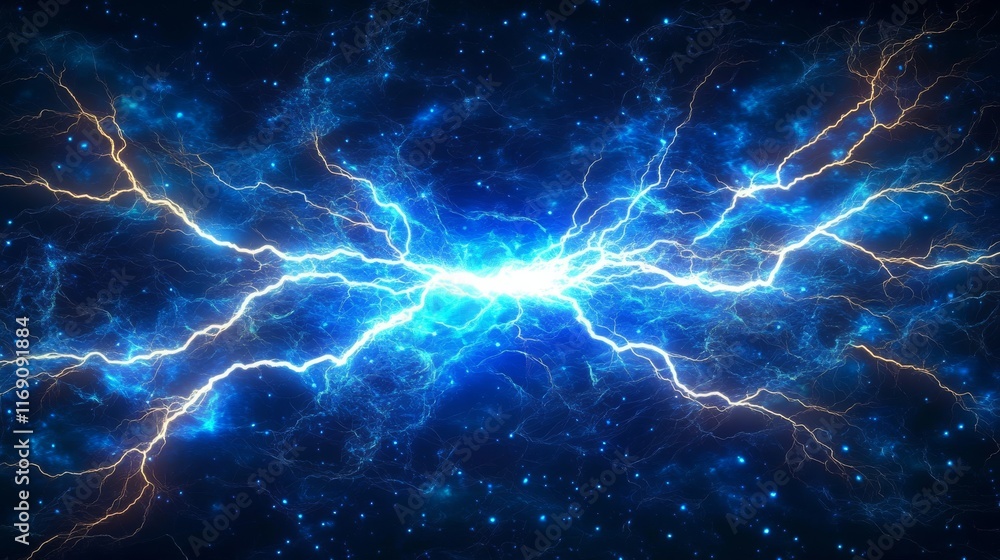 Bright blue lightning bolts radiate outwards against a dark, starry backdrop, creating an electrifying atmosphere. This dynamic display offers plenty of space for text overlay Bright blue lightning bolts radiate outwards against a dark, starry backdrop, creating an electrifying atmosphere. This dynamic display offers plenty of space for text overlay