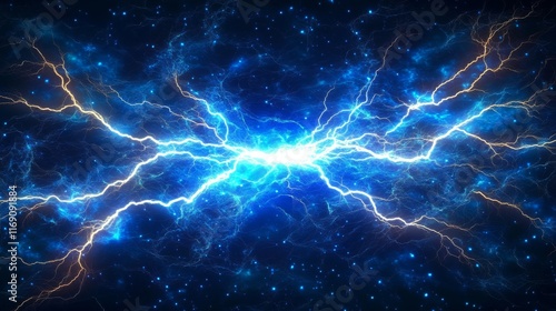 Bright blue lightning bolts radiate outwards against a dark, starry backdrop, creating an electrifying atmosphere. This dynamic display offers plenty of space for text overlay
