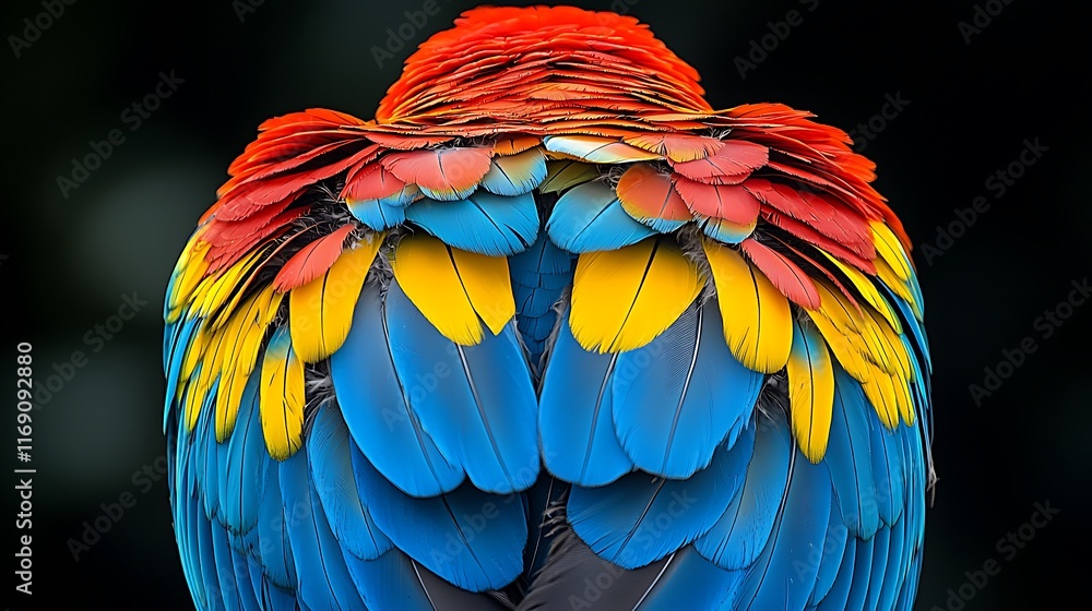 Fototapeta premium Scarlet macaw's vibrant red, yellow, and blue feathers displayed in close-up view.