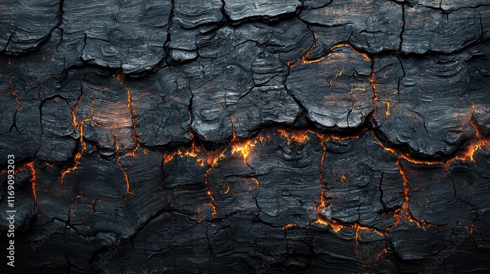 Fototapeta premium Charred dark wood texture displaying burnt rugged elements and glowing fissures from fire damage