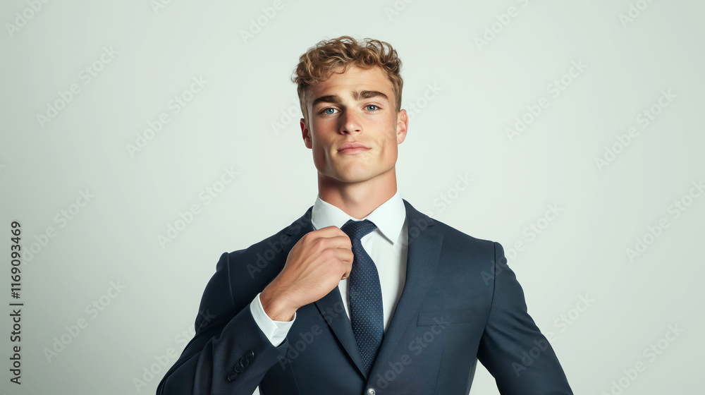 Professional young man adjusts tie in studio portrait modern setting Professional young man adjusts tie in studio portrait modern setting