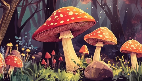 Bohemian Forest Mushroom Poster With Watercolor Woodland Decorations Featuring Amanita, Fly Agaric, And Orange-Cap Boletus. Ideal For Mushroom Enthusiasts. photo