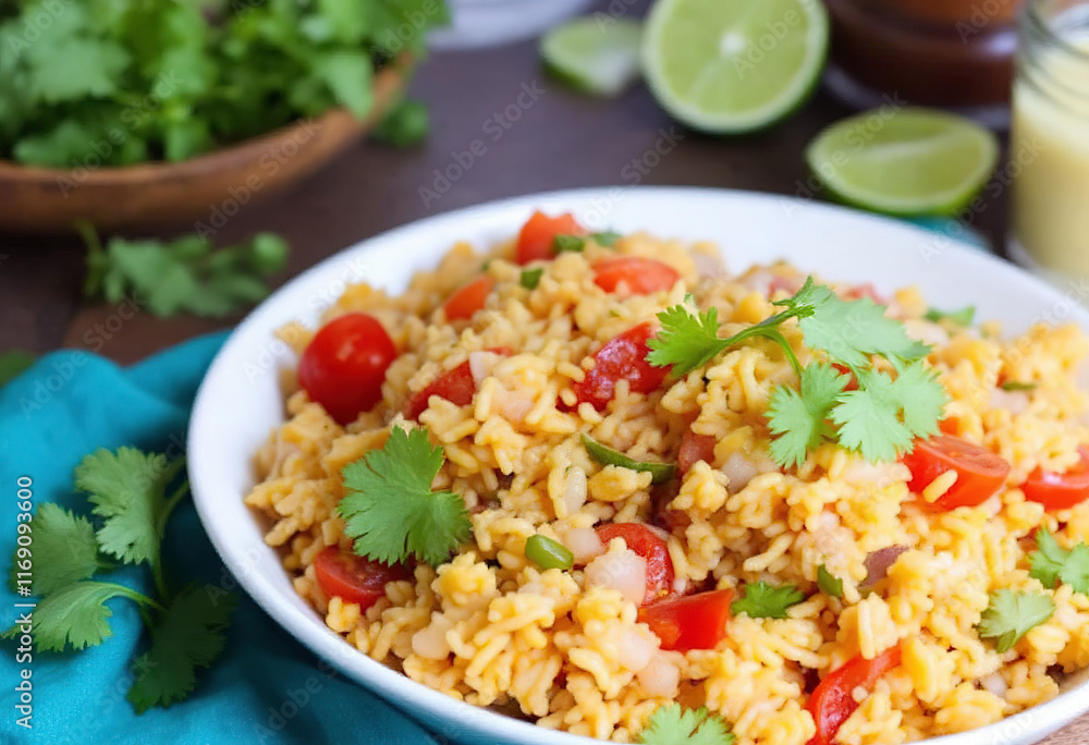 Mexican rice with tomatoes and onion served with cilantro Mexican rice with tomatoes and onion served with cilantro