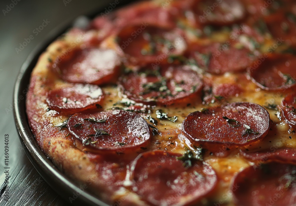 Delicious close-up view of a freshly baked pepperoni pizza with melted cheese, vibrant toppings, and aromatic herbs placed on a wooden table background