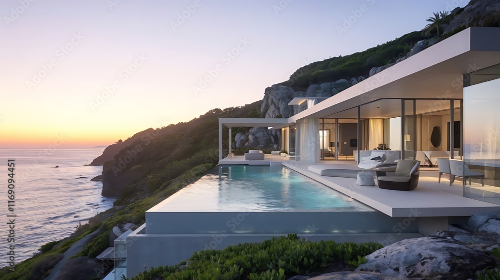 Fototapeta premium Luxurious Cliffside Villa with Infinity Pool Overlooking the Ocean