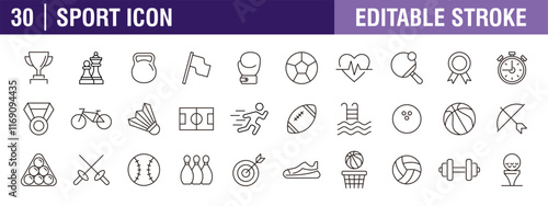 Collection of sport icons. Competition, lifestyle, healthy living. Vector design template, signs, symbols, editable stroke.