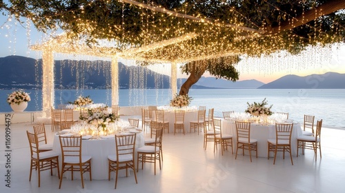 Romantic outdoor wedding setup with elegant decor, twinkling lights, and scenic waterfront backdrop photo