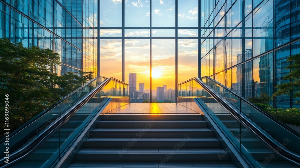 Sunset Reflection in Modern Glass Building with City Skyline View Sunset Reflection in Modern Glass Building with City Skyline View
