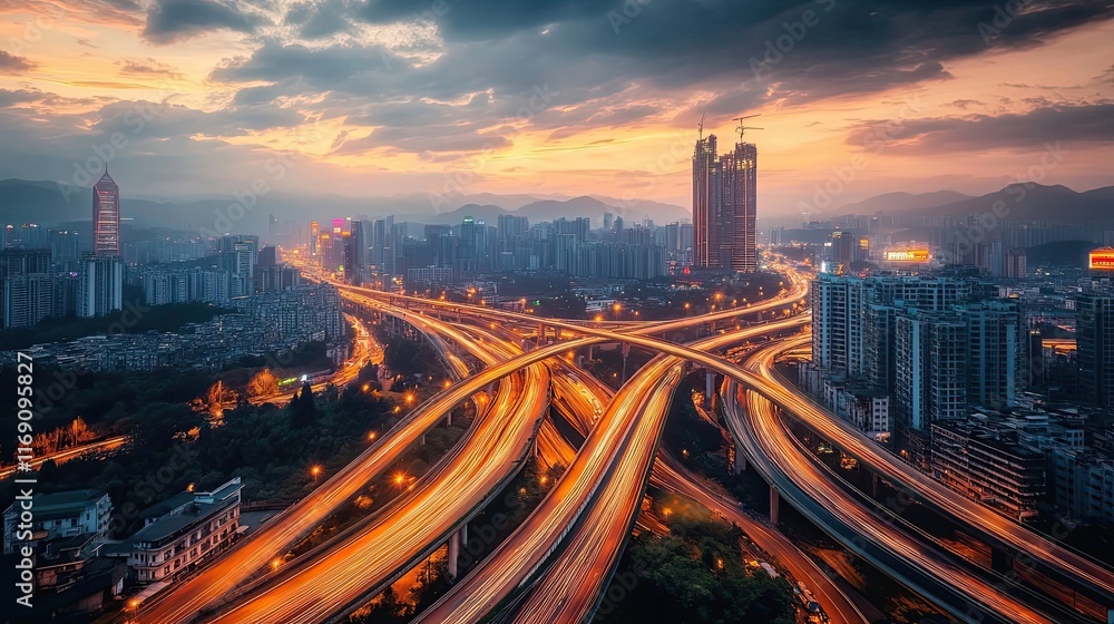 Fototapeta premium Cityscape Sunset Highway Interchange Traffic Light Trails