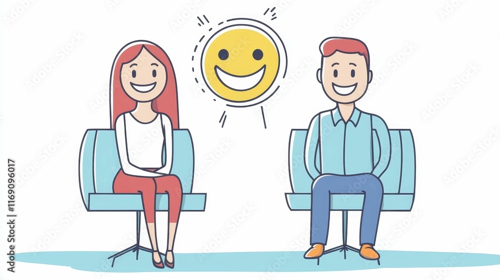 Smiling people seated, cheerful emoticon above. Smiling people seated, cheerful emoticon above.