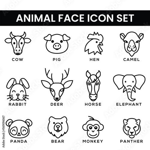 Animal face icon set in outline style featuring black-and-white illustrations of animals like cow, pig, rabbit, and elephant. For educational materials, graphic design, kids projects, and icons.