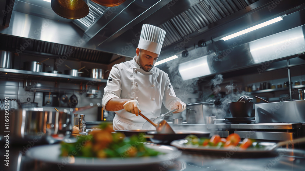 Chef cooks and presents a dish in the kitchen of a luxury restaurant