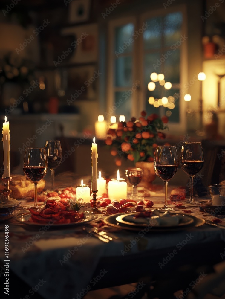 A romantic dinner table is set with candles, wine glasses, and gourmet food, ready for an intimate evening. A romantic dinner table is set with candles, wine glasses, and gourmet food, ready for an intimate evening.