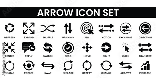 Arrow icon set featuring navigation, directional, curved, and circular arrows. Perfect for graphic design, presentations, user interface, and business projects requiring arrow visuals.
