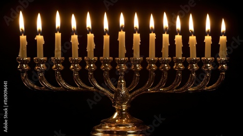 Lit menorah on dark background, celebrating a festival. photo