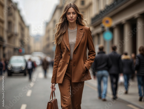 Elegant woman in a mocha brown pantsuit strolls down a city street, exuding confidence and style.