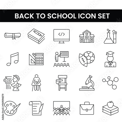Back to School icon set featuring books, pencils, rulers, globes, and school bags. Ideal for education, academic-themed projects, student designs, classroom posters, and kids learning materials.