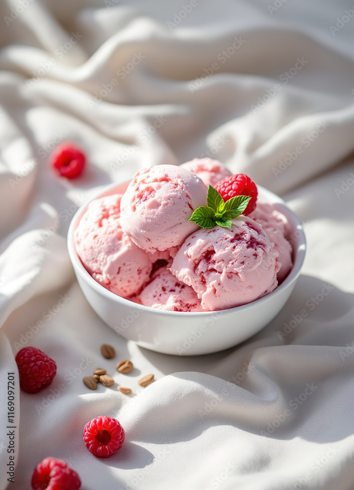 Raspberry ice cream in white bowl copy space Raspberry ice cream in white bowl copy space