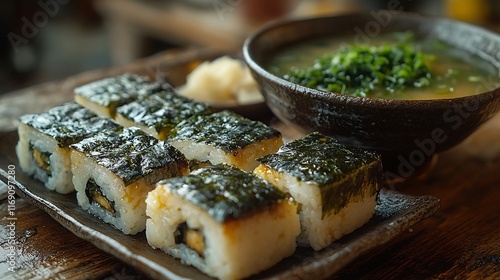 Minimalist Japanese cuisine setting a plate of inari sushi filled with vinegared rice and wrapped in sweet tofu skin arranged next to a bowl of miso soup with wakame seaweed photo