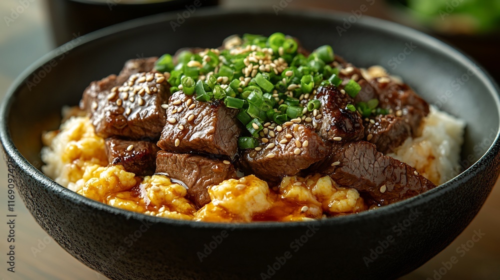 Rustic Japanese cuisine scene featuring bowl of donburi with tender slices of beef onions and soft scrambled eggs served over a bed of rice garnished with green onions and sesame seeds Rustic Japanese cuisine scene featuring bowl of donburi with tender slices of beef onions and soft scrambled eggs served over a bed of rice garnished with green onions and sesame seeds