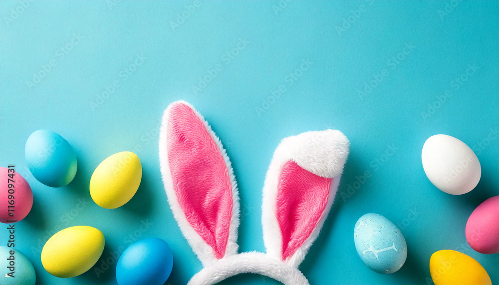 Easter party concept. Top view photo of easter bunny ears white pink blue and yellow eggs on isolated pastel blue background with copyspace in the middle Easter party concept. Top view photo of easter bunny ears white pink blue and yellow eggs on isolated pastel blue background with copyspace in the middle