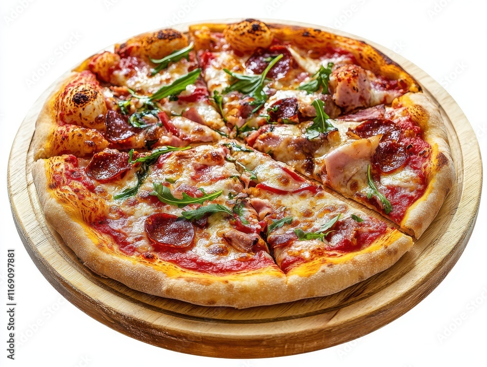 Delicious Freshly Baked Pepperoni Pizza with Mozzarella Cheese and Arugula Garnish on a Wooden Serving Board Delicious Freshly Baked Pepperoni Pizza with Mozzarella Cheese and Arugula Garnish on a Wooden Serving Board