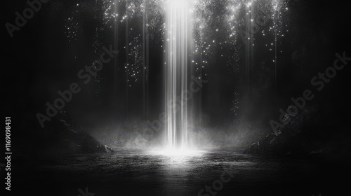 Light beam descends into dark water rocks