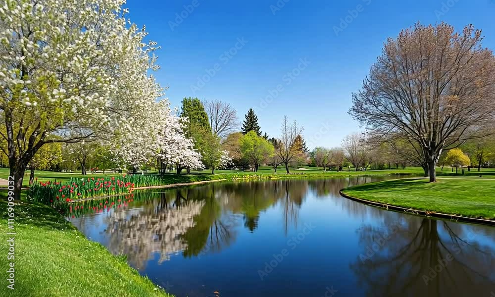 Serene park scene with blooming trees and a reflective pond. Serene park scene with blooming trees and a reflective pond.