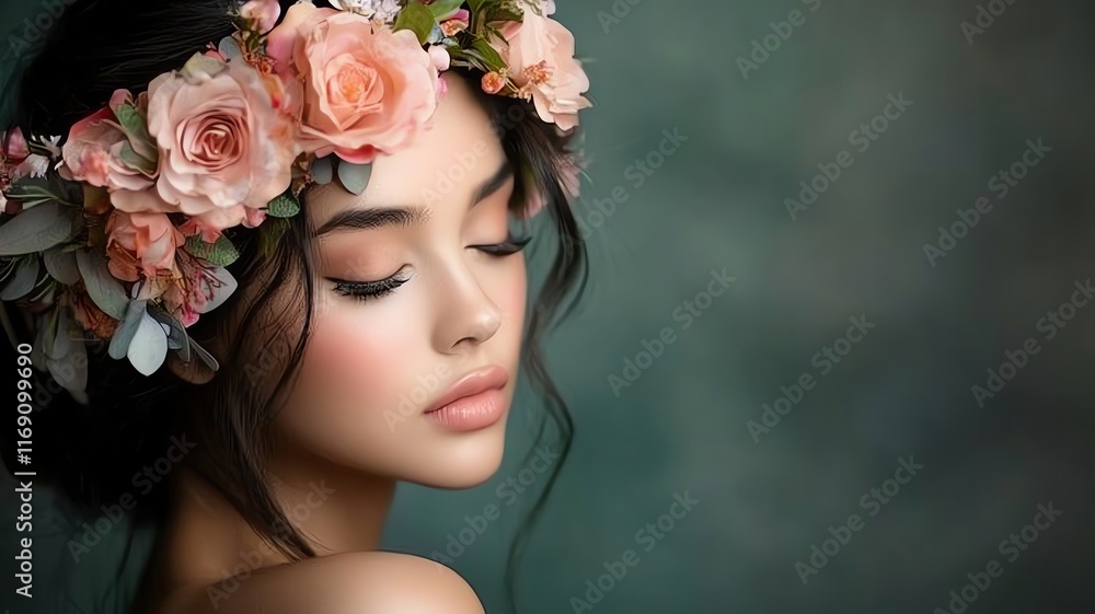 Naklejka premium Close-up of a serene woman with a flower crown, gazing into the distance, ethereal tones,
