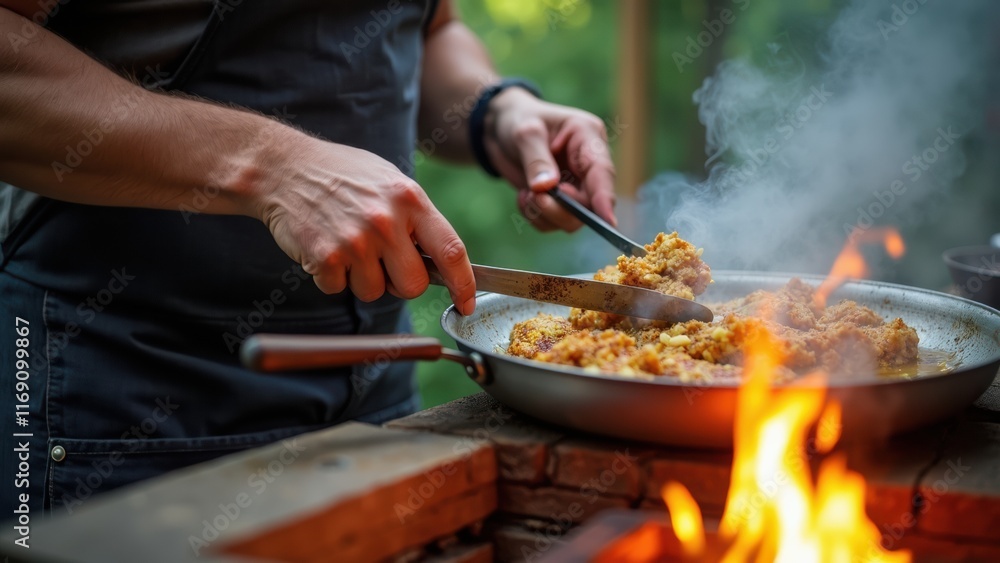 Cooking Delicious Food Outdoors Over an Open Fire During a Sunny Afternoon With Vibrant Flames and a Rustic Setting Cooking Delicious Food Outdoors Over an Open Fire During a Sunny Afternoon With Vibrant Flames and a Rustic Setting