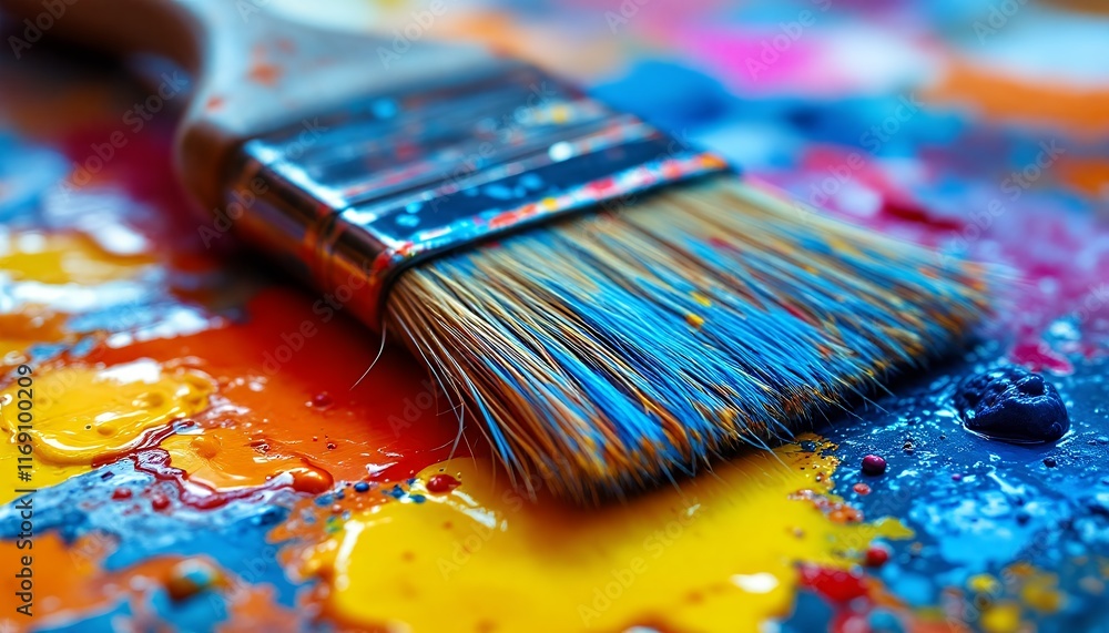 Fototapeta premium Vibrant Hues: A Close-Up of Paintbrush on a Colorful Palette