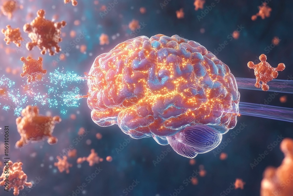 Obraz premium Glowing brain attacked by microscopic agents.