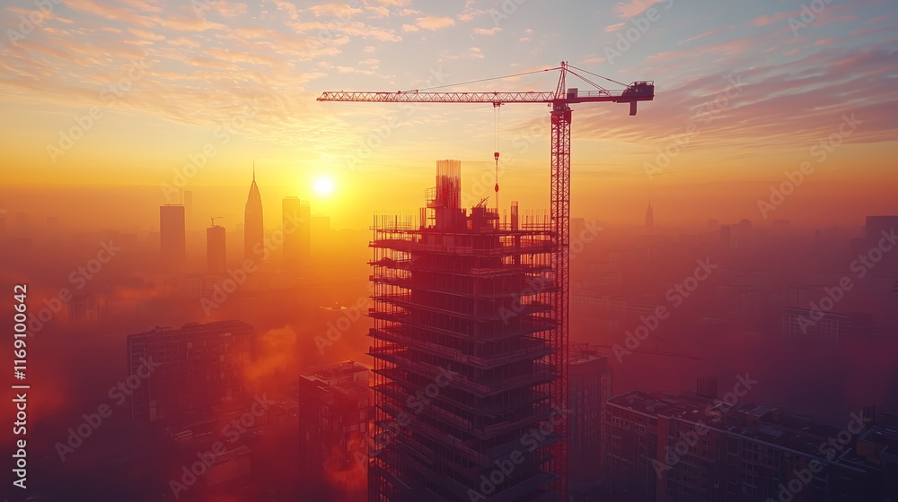 Naklejka premium Aerial View of Construction Site at Sunset with City Skyline