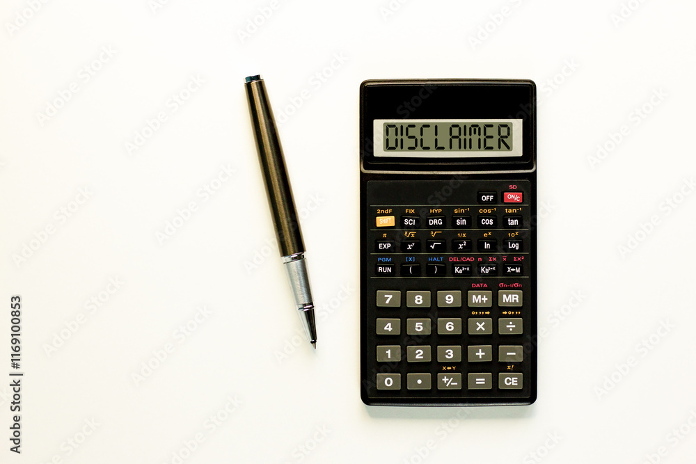 Disclaimer symbol. Concept word Disclaimer on beautiful black calculator. Beautiful white paper background. Beautiful black pen. Business disclaimer concept. Copy space. Disclaimer symbol. Concept word Disclaimer on beautiful black calculator. Beautiful white paper background. Beautiful black pen. Business disclaimer concept. Copy space.