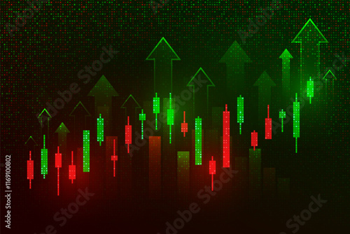 crypto market candlestick chart on dark background. red-green candlesticks with upside arrow indicate. analysis, investment, trading, cryptocurrency, business finance