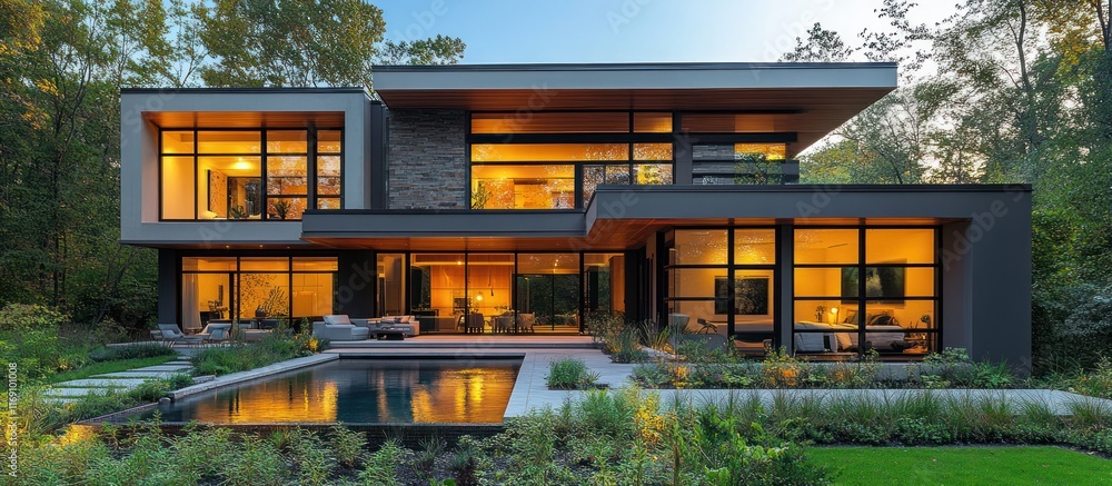 Fototapeta premium Modern luxury home with pool at dusk.