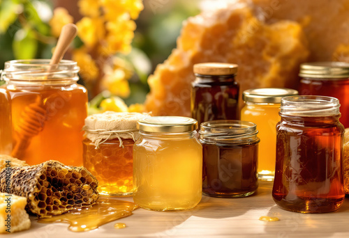 Various types of honey in glass jars and honeycomb