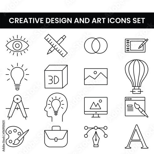Creative design and art icons set featuring pencils, paintbrushes, 3D shapes, camera, and palettes. Perfect for graphic design, art projects, branding, digital media, and creative visual themes.